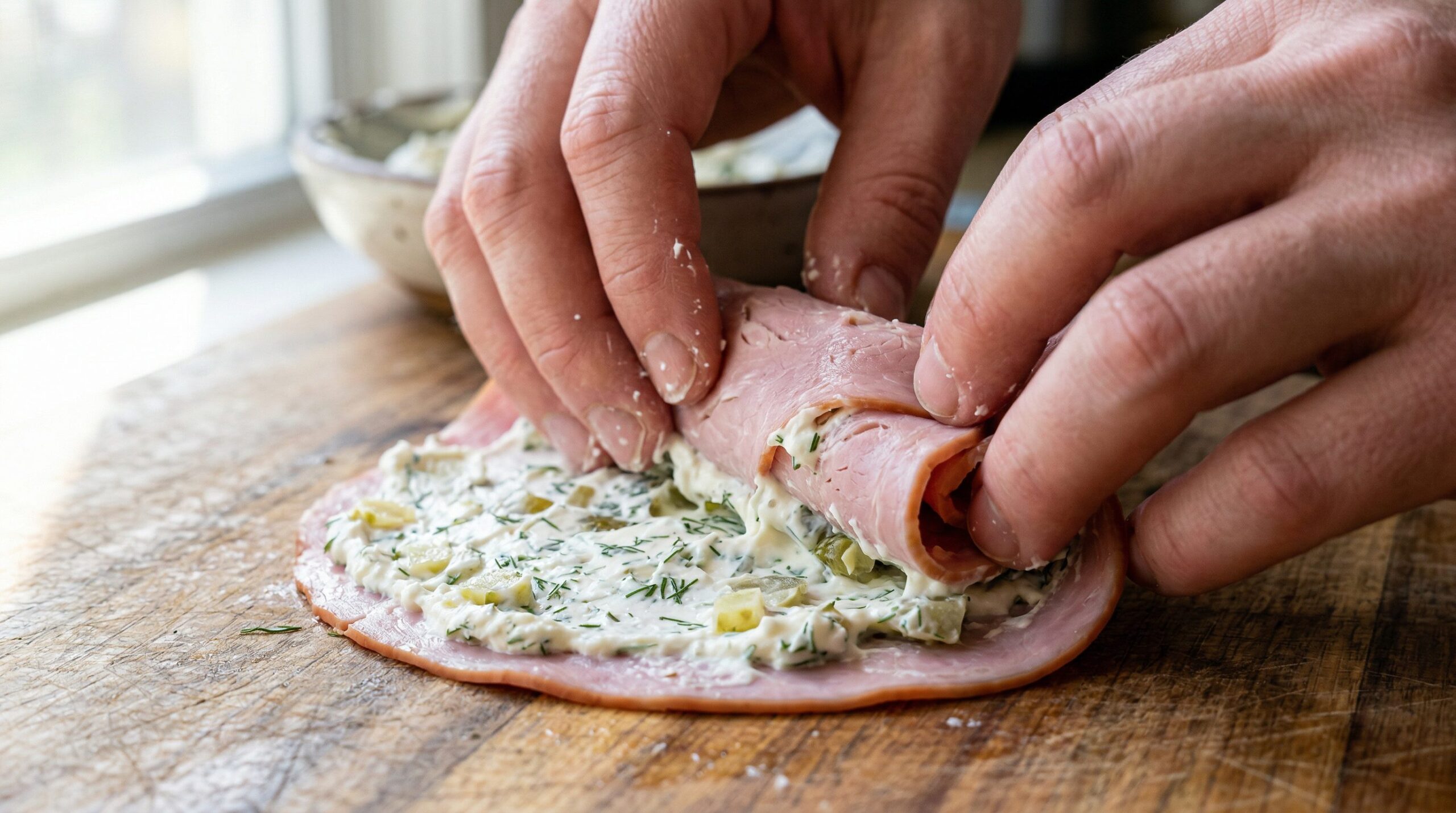 A ham slice spread with pickle cream cheese being rolled tightly into a cylinder