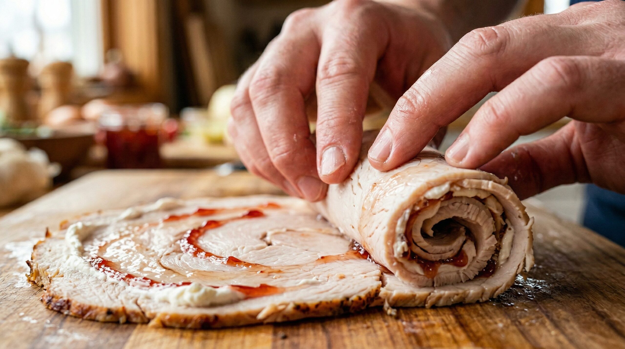 A turkey slice spread with marbled goat cheese being rolled into a tight cylinder
