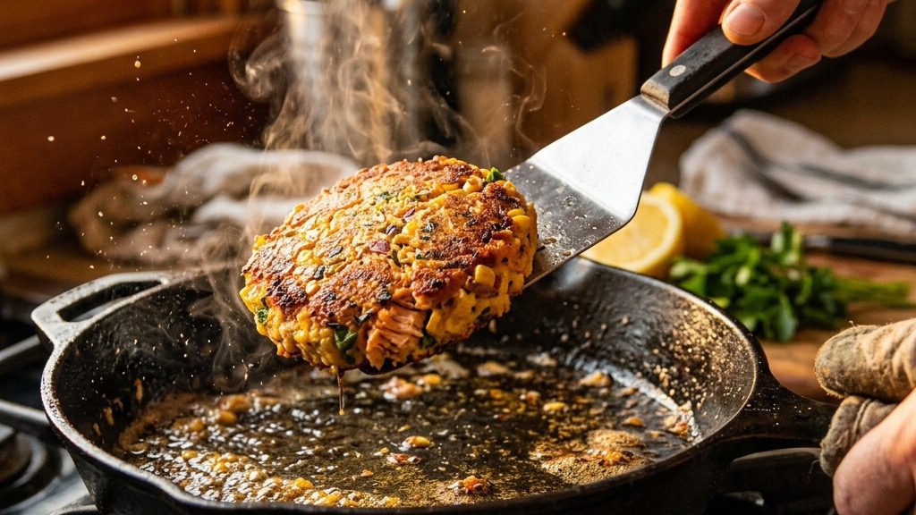 A dramatic 16:9 action shot of a silver spatula carefully flipping a golden-brown salmon and corn cake in a hot cast-iron skillet