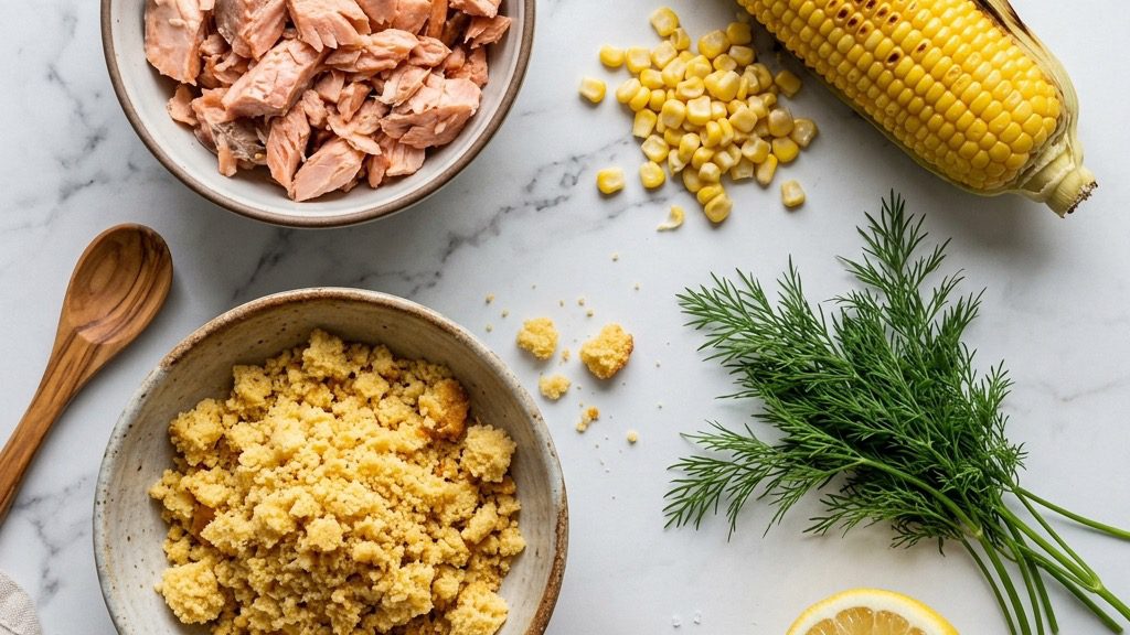 A beautiful 16:9 flat lay mise-en-place of raw ingredients for salmon cakes: flaked pink roasted salmon, bright yellow corn kernels on the cob, a bowl of crumbled rustic cornbread, fresh dill sprigs, and half a lemon arranged elegantly on a clean white marble countertop