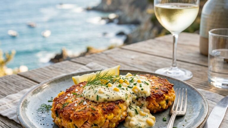 Stunning plated serving of Pan-Seared Salmon & Corn Cakes, a chef-tested recipe by Chef Jorj Morgan.