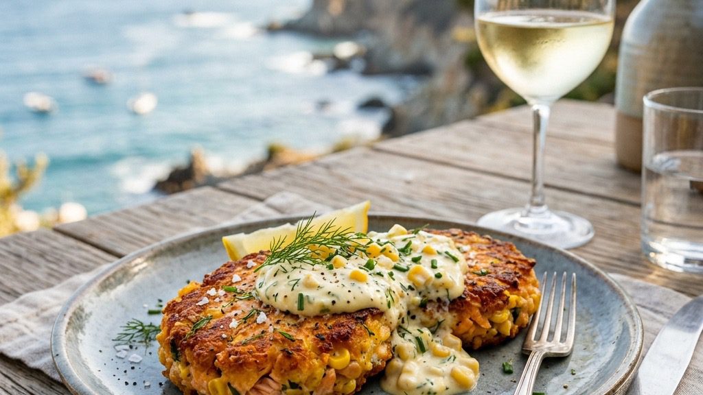 Stunning plated serving of Pan-Seared Salmon & Corn Cakes, a chef-tested recipe by Chef Jorj Morgan.