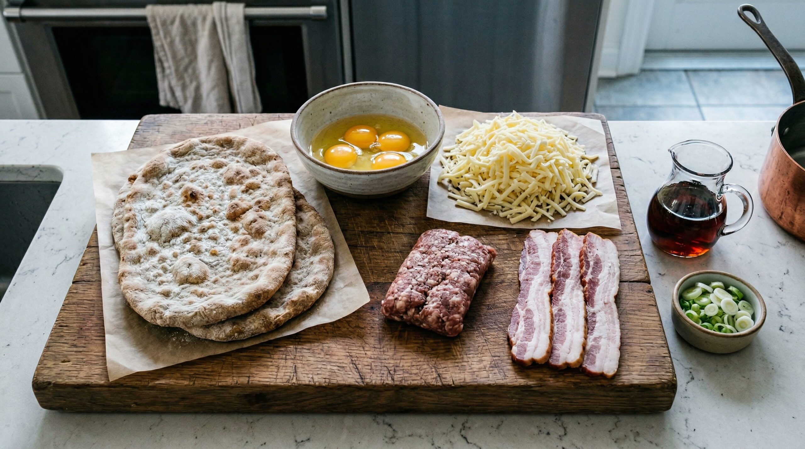Ingredients for Breakfast Flatbreads arranged for preparation