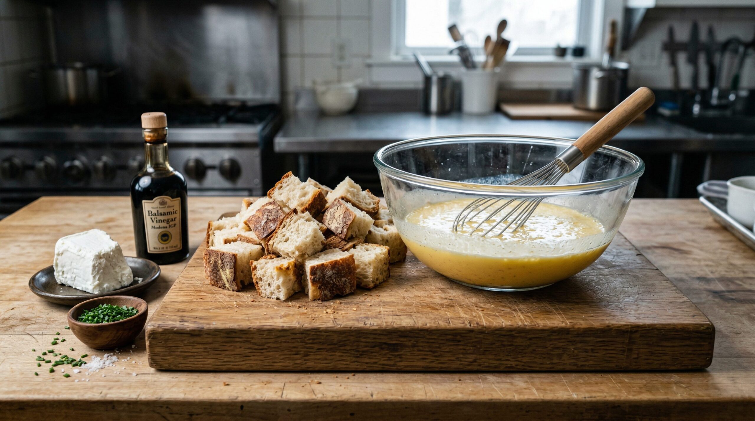 Cubed artisanal bread soaking in an egg and half-and-half custard beside crumbled goat cheese