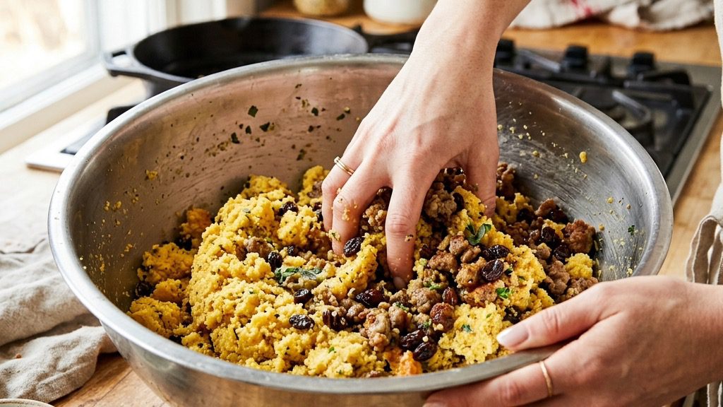 Cornbread stuffing spooned into a baking dish with a shaggy, uneven top before baking