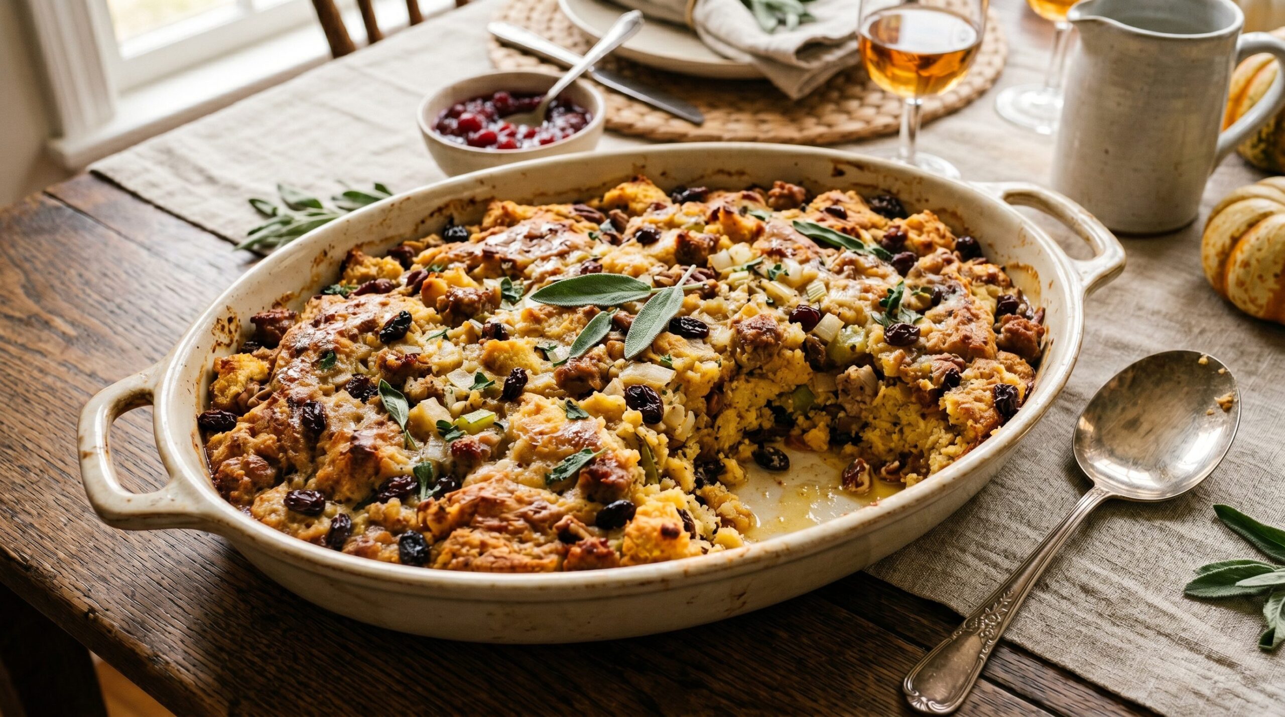 Stunning plated serving of Sausage & Raisin Cornbread Stuffing, a chef-tested recipe by Chef Jorj Morgan.