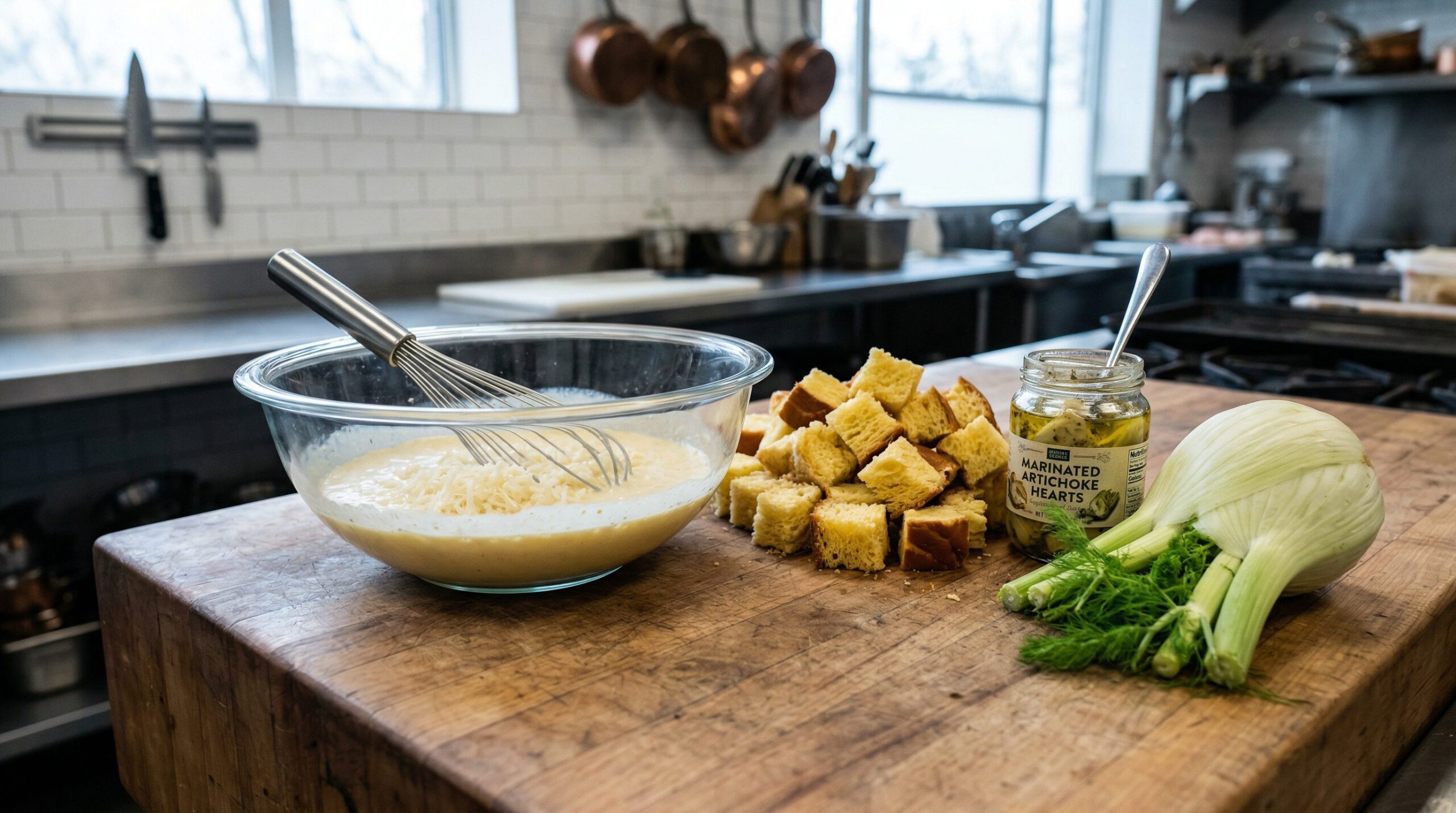 Overhead mise-en-place of artichoke and fennel strata ingredients: cubed brioche, marinated artichoke hearts, Italian sausage, eggs, whole milk, and grated Gruyere on a marble counter