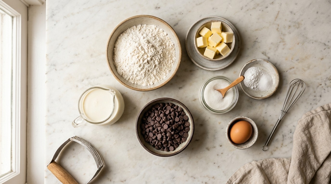 Flour, heavy cream, chocolate chips, and butter arranged for Heavy Cream & Chocolate Chip Scones