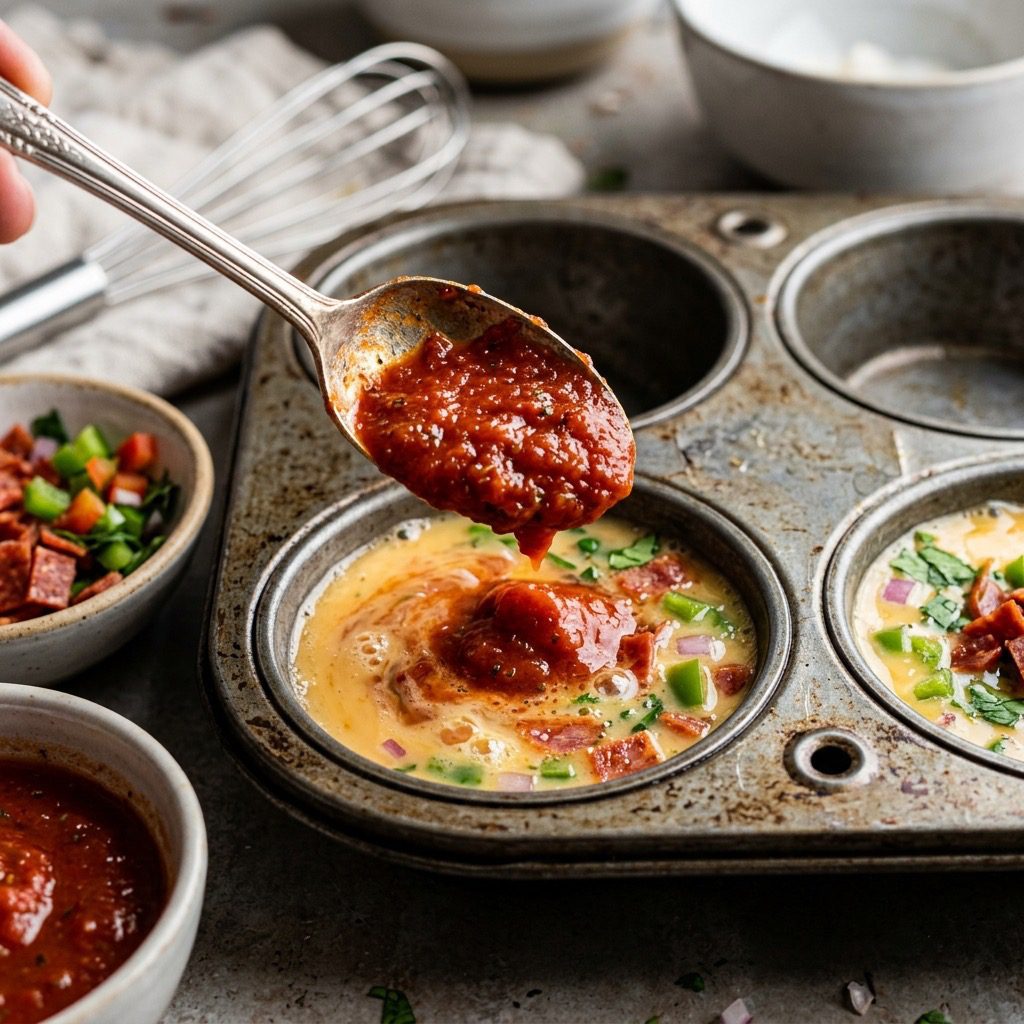Extreme close-up action shot dolloping red marinara sauce onto whisked eggs and pepperoni inside a metal muffin tin