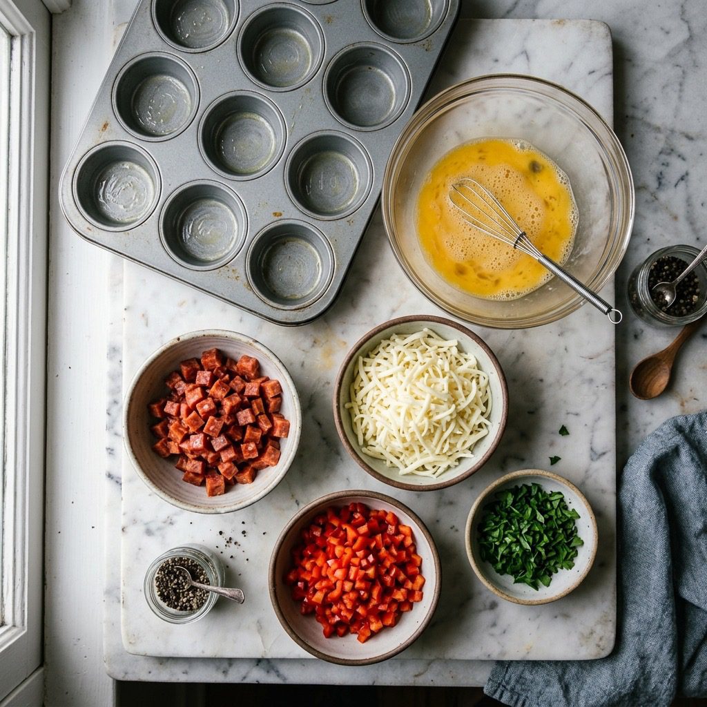 Overhead prep shot of a metal muffin tin, whisked eggs, diced pepperoni, shredded mozzarella, and bell peppers on marble