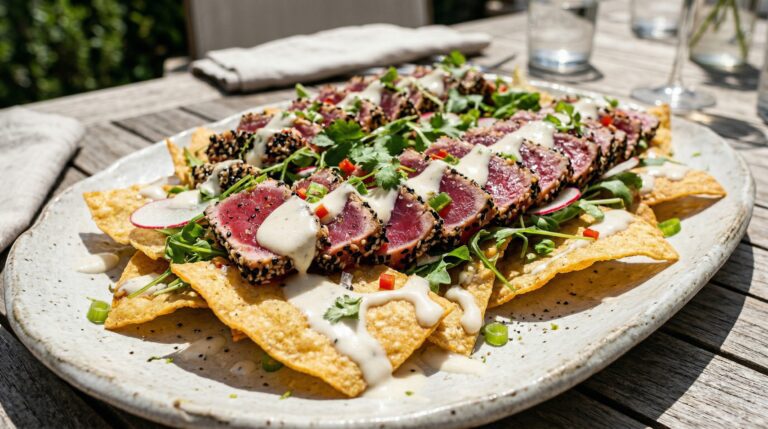 Stunning plated serving of Seared Tuna Nachos with Roasted Garlic Cream, a chef-tested recipe by Chef Jorj Morgan.