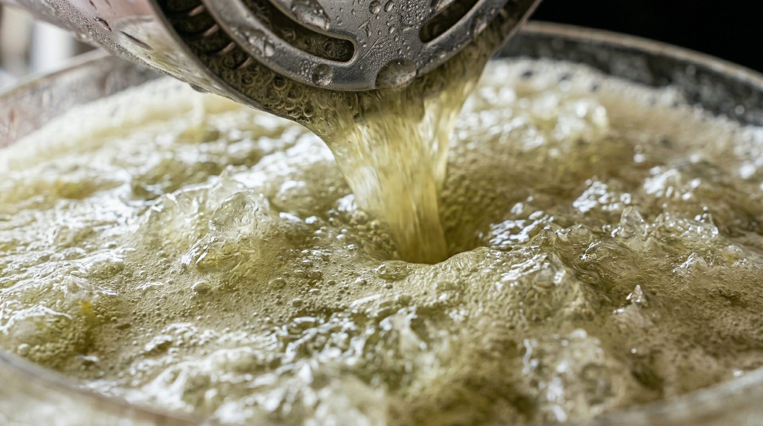 An ice-cold dirty martini being strained through a Hawthorne strainer into a frosted crystal glass