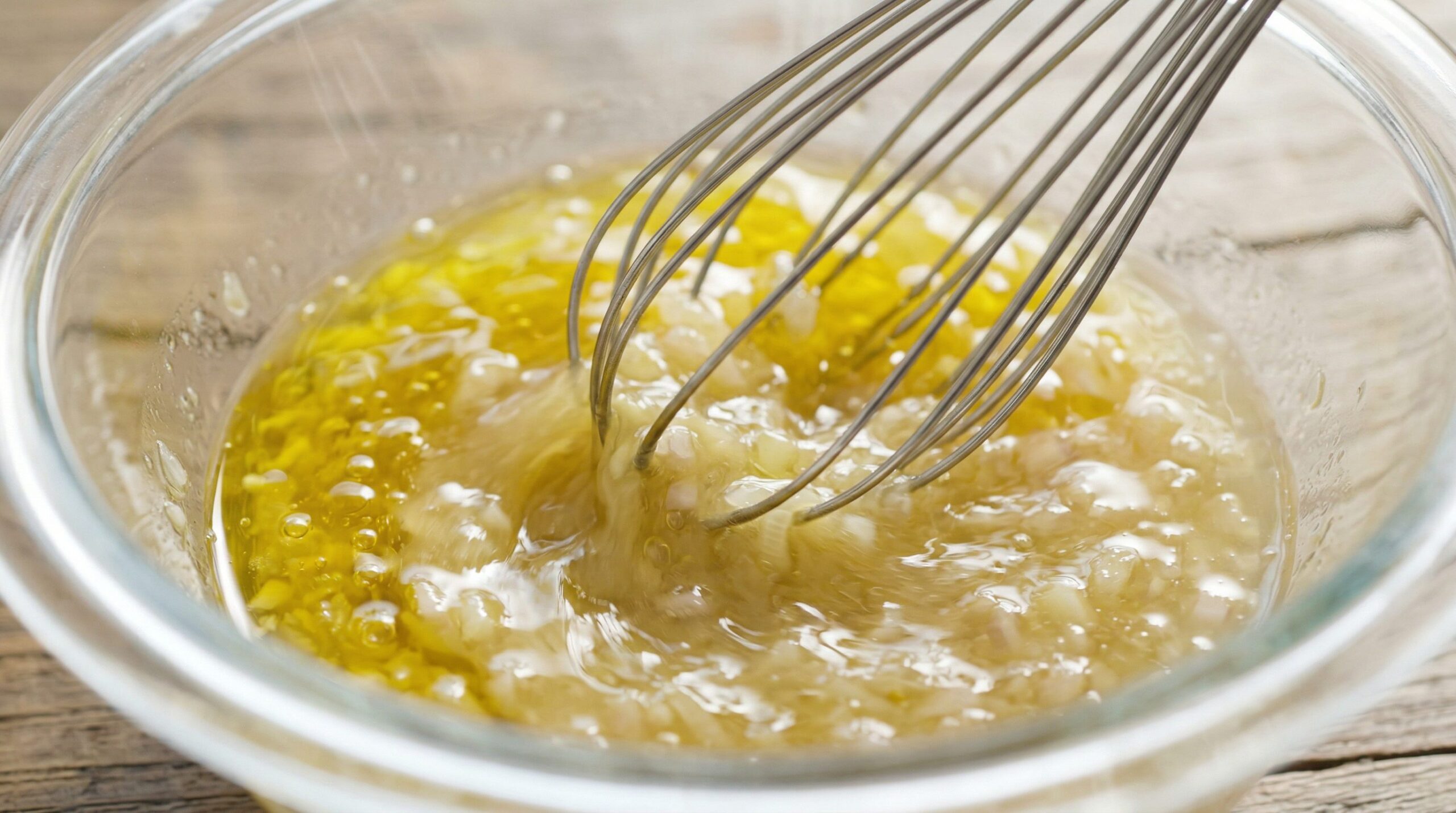 A shallot and Dijon white balsamic vinaigrette being whisked into a creamy mixture