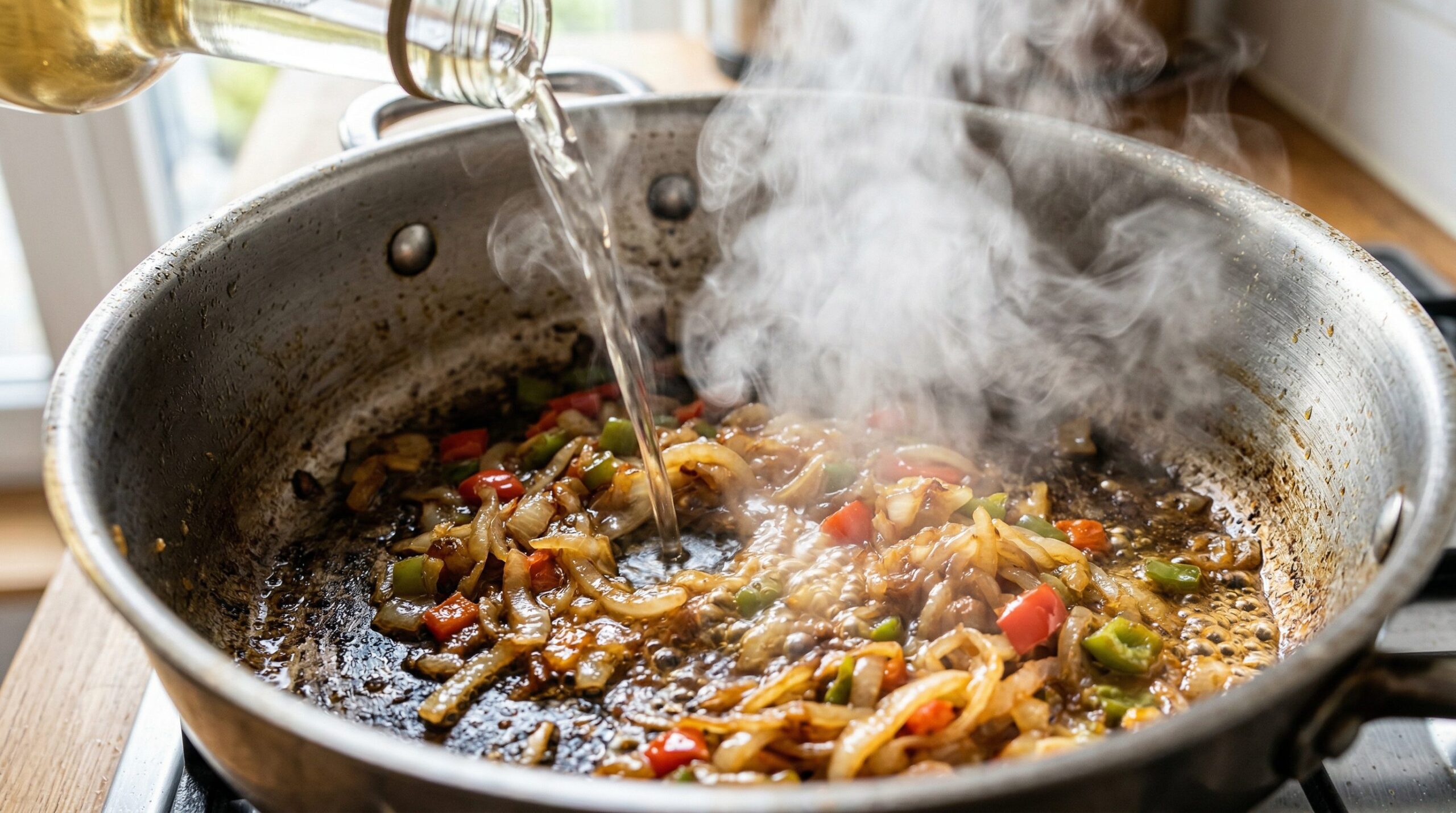 Sherry deglazing softened onions and jalapeno to build a tomato bisque base