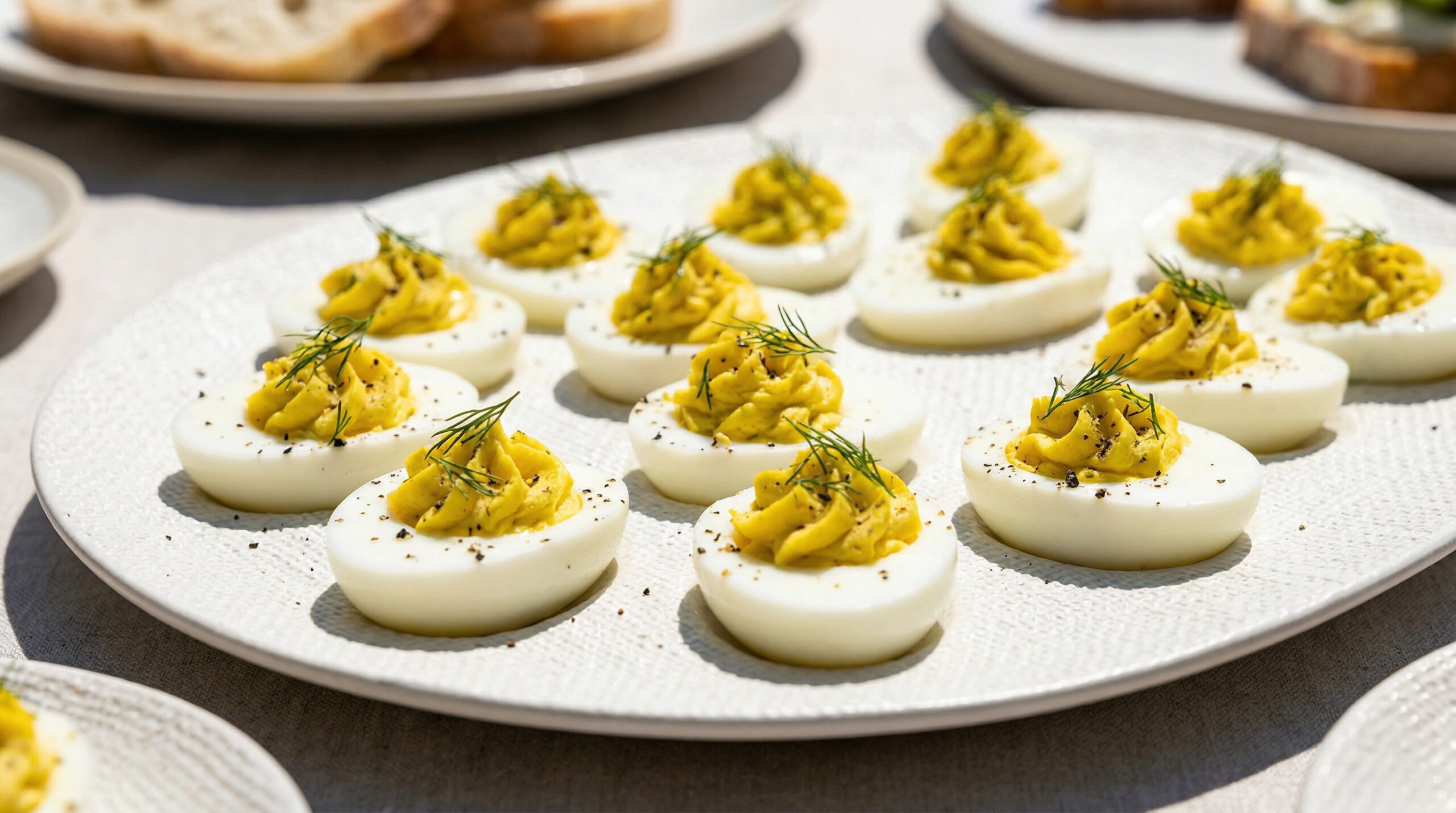Stunning plated serving of Dijon and Fresh Dill Deviled Eggs, a chef-tested recipe by Chef Jorj Morgan.