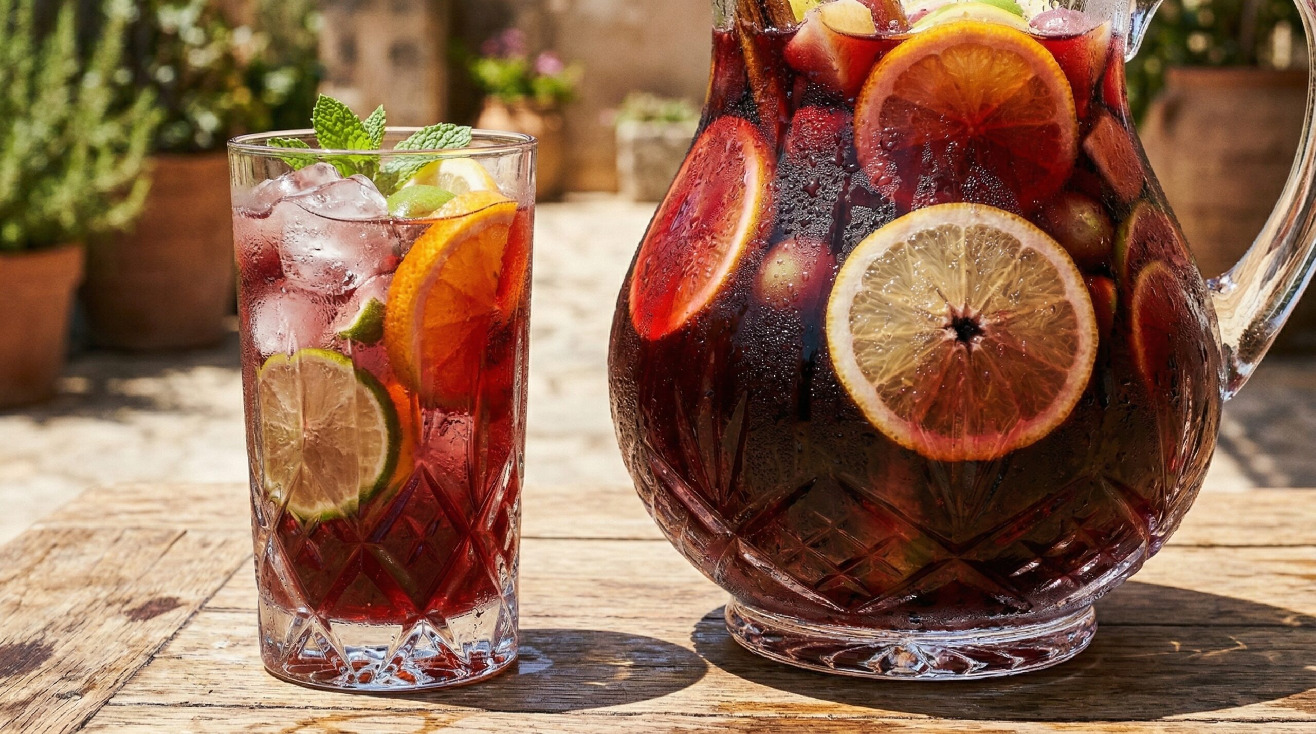 Stunning plated serving of Signature Red Wine Sangria, a chef-tested recipe by Chef Jorj Morgan.