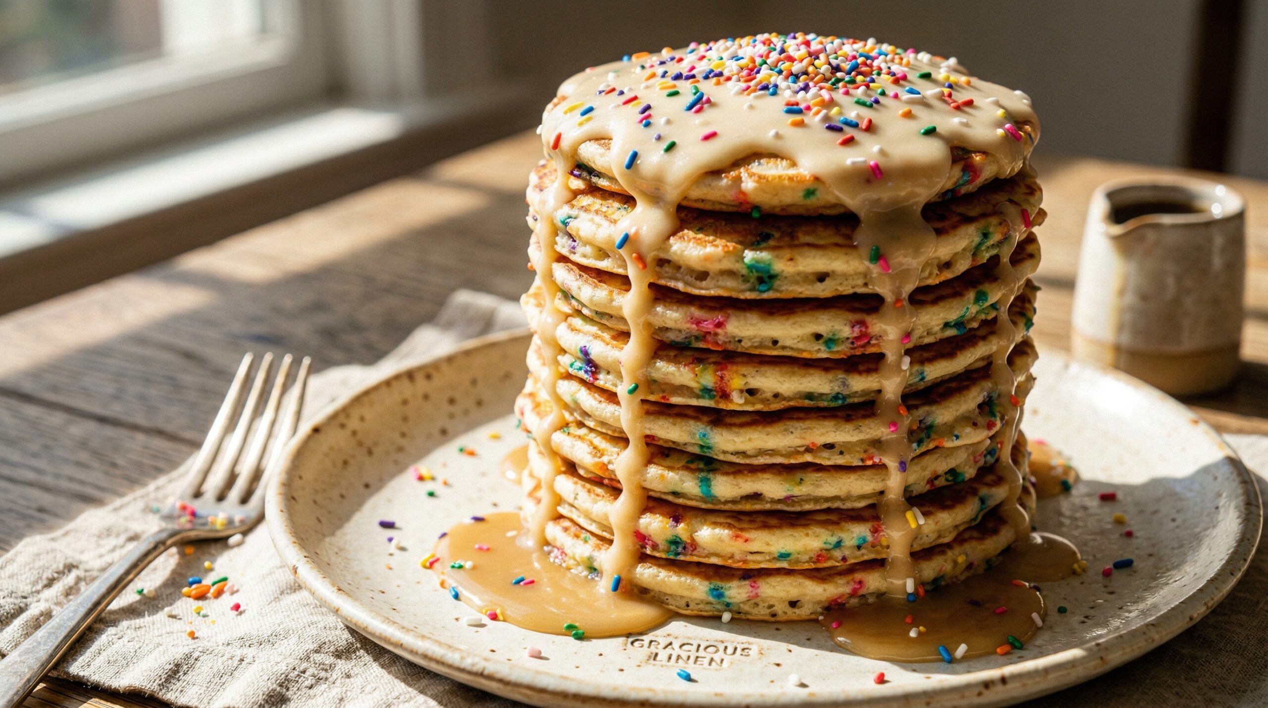 Stunning plated serving of Sprinkle Pancakes with Maple Cream Glaze, a chef-tested recipe by Chef Jorj Morgan.