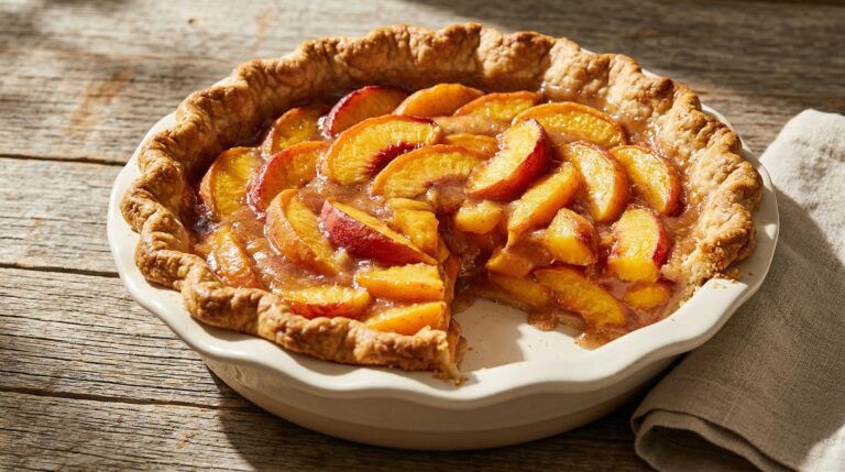 Stunning plated serving of Classic Deep-Dish Summer Peach Pie, a chef-tested recipe by Chef Jorj Morgan.