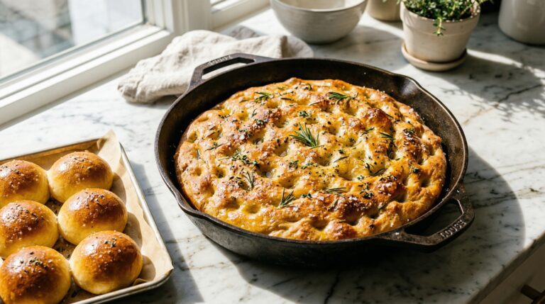 Stunning plated serving of Skillet Focaccia Bread & Dinner Rolls, a chef-tested recipe by Chef Jorj Morgan.