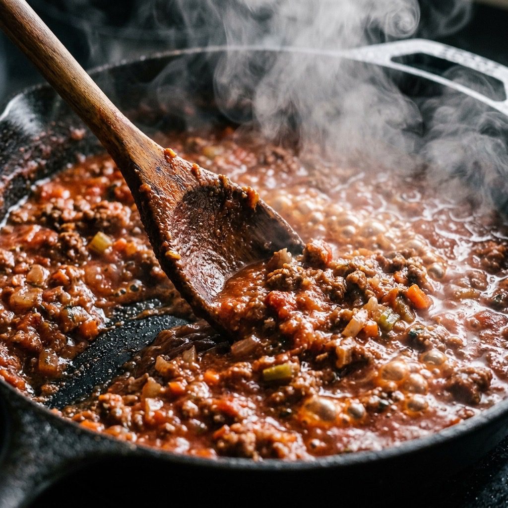 Extreme close-up action shot stirring bubbling sloppy joe meat mixture in a cast-iron skillet