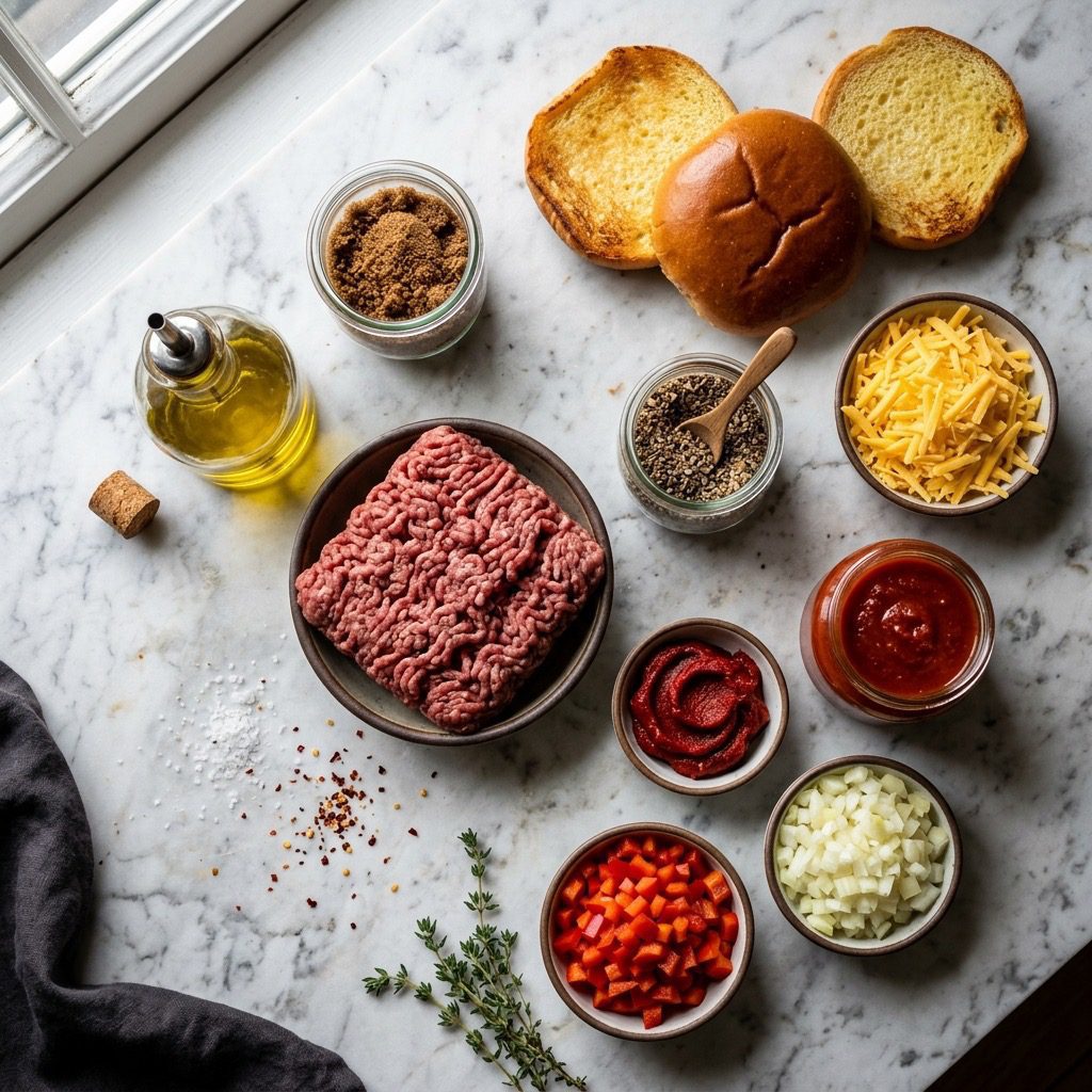Overhead prep shot of ground sirloin, olive oil, brown sugar, steak seasoning, yellow onion, red bell pepper, marinara sauce, tomato paste, burger buns, and cheddar cheese on marble