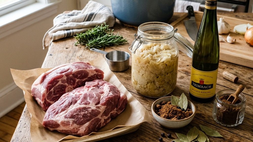 Ingredients for Slow-Braised Pork Shoulder & Kraut arranged for preparation