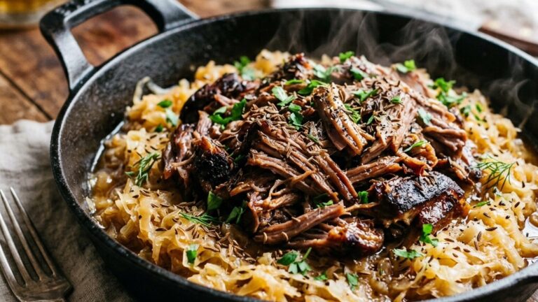 Stunning plated serving of Slow-Braised Pork Shoulder & Kraut, a chef-tested recipe by Chef Jorj Morgan.