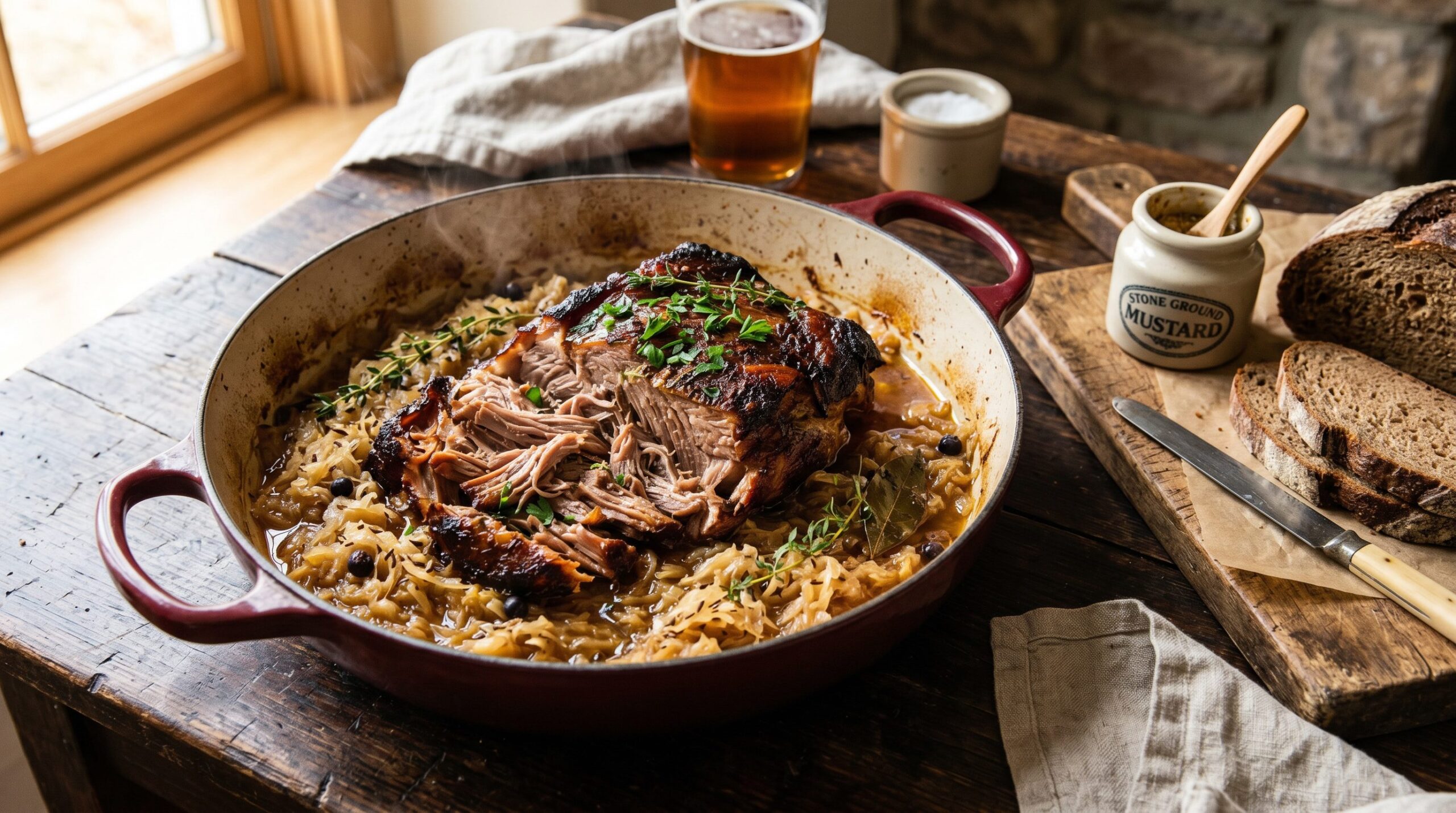 Stunning plated serving of Slow-Braised Pork Shoulder & Kraut, a chef-tested recipe by Chef Jorj Morgan.