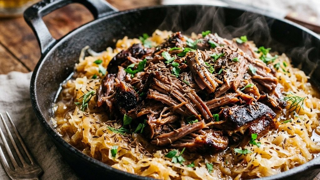 Stunning plated serving of Slow-Braised Pork Shoulder & Kraut, a chef-tested recipe by Chef Jorj Morgan.