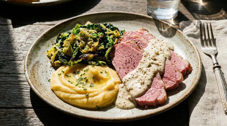 Stunning plated serving of Slow-Cooked Beer-Braised Corned Beef and Cabbage, a chef-tested recipe by Chef Jorj Morgan.