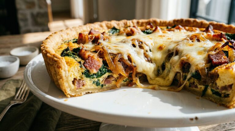 Stunning plated serving of Smoked Fontina & Bacon Tart, a chef-tested recipe by Chef Jorj Morgan.