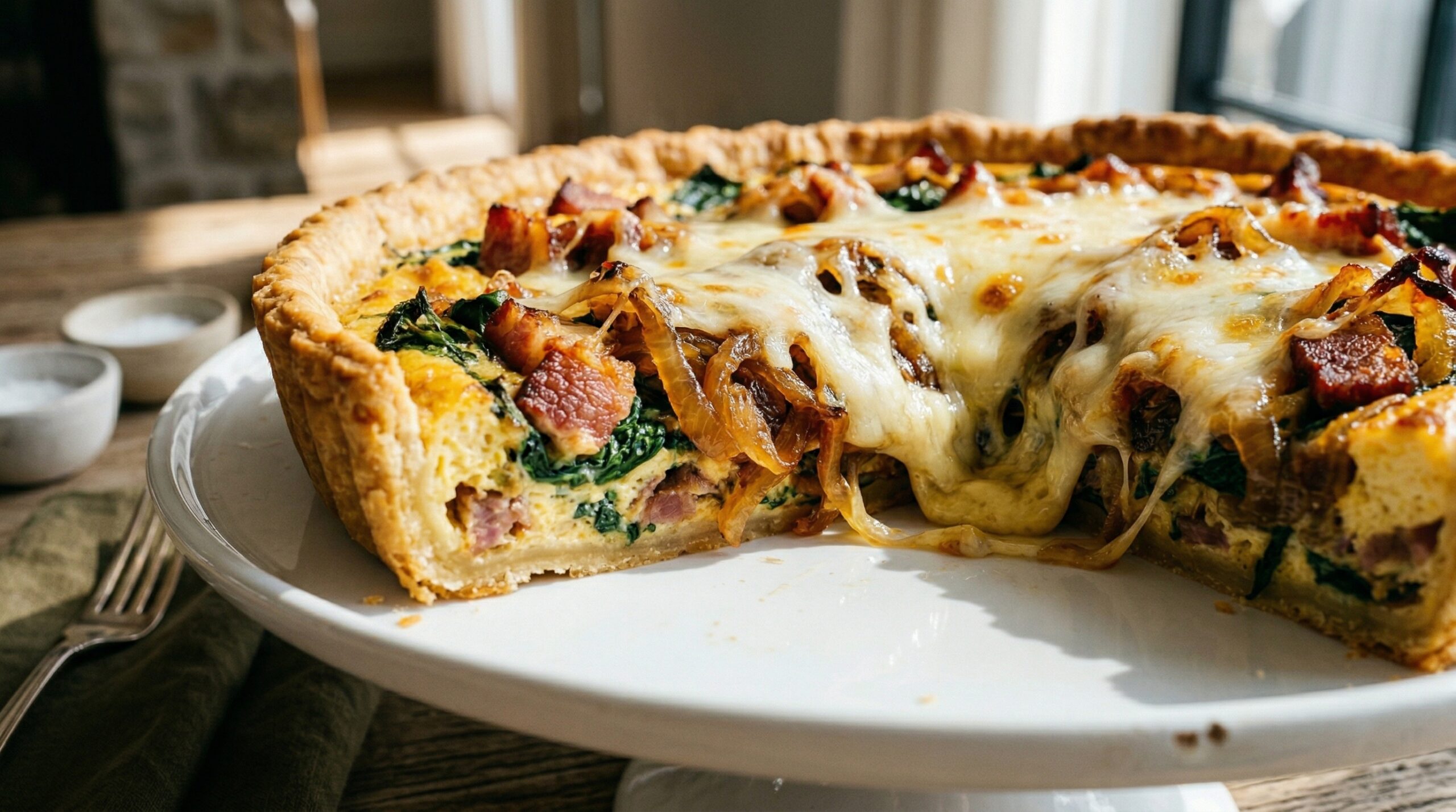 Stunning plated serving of Smoked Fontina & Bacon Tart, a chef-tested recipe by Chef Jorj Morgan.