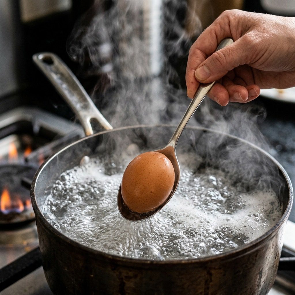 Extreme close-up action shot of a hand using a silver spoon to gently lower an egg into boiling water to create a jammy egg