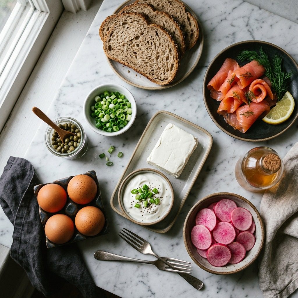 Overhead prep shot of sliced radishes, cream cheese, capers, smoked salmon, whole grain bread, and eggs on marble