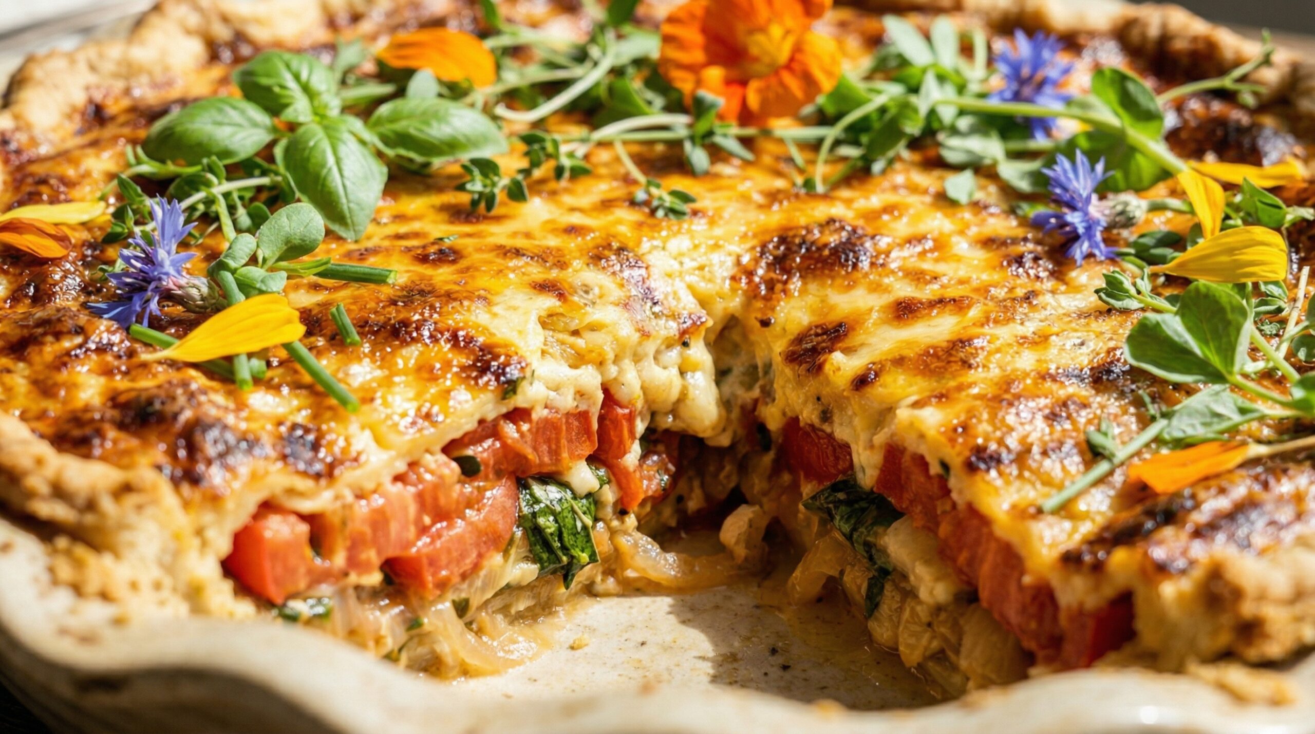 Stunning plated serving of Southern Heirloom Tomato Pie, a chef-tested recipe by Chef Jorj Morgan.
