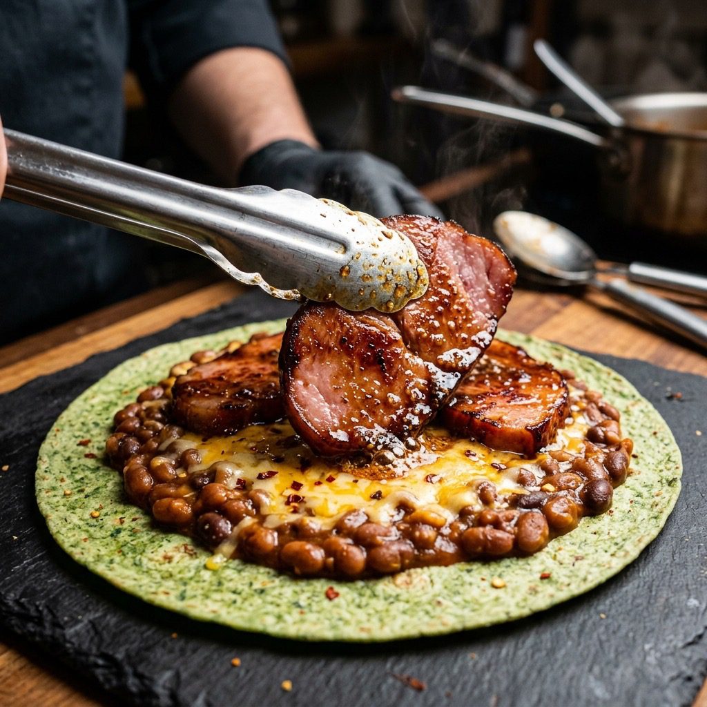 Extreme close-up action shot using silver tongs to arrange caramelized maple-mustard glazed ham onto a spinach tortilla