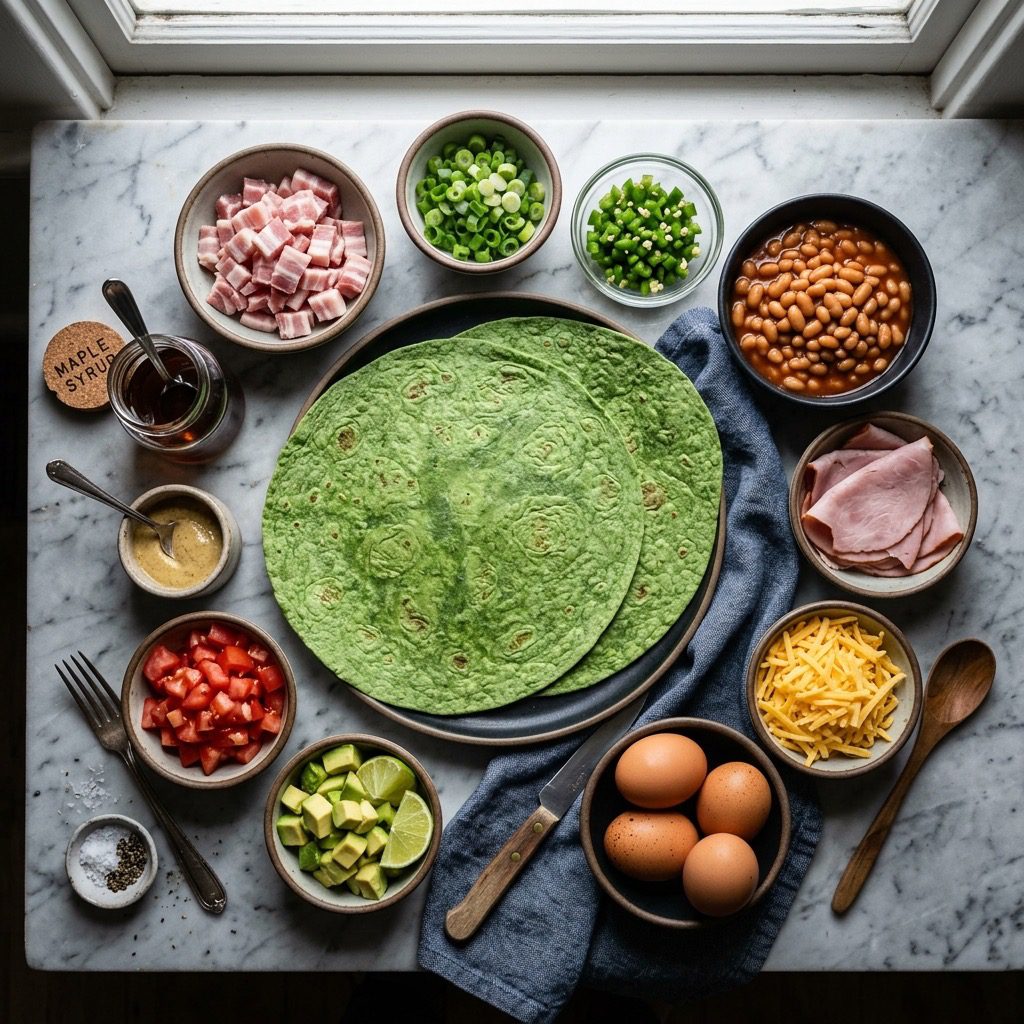 Overhead prep shot of spinach tortillas, bacon, jalapeños, baked beans, ham, cheese, avocado, mustard, and maple syrup on marble