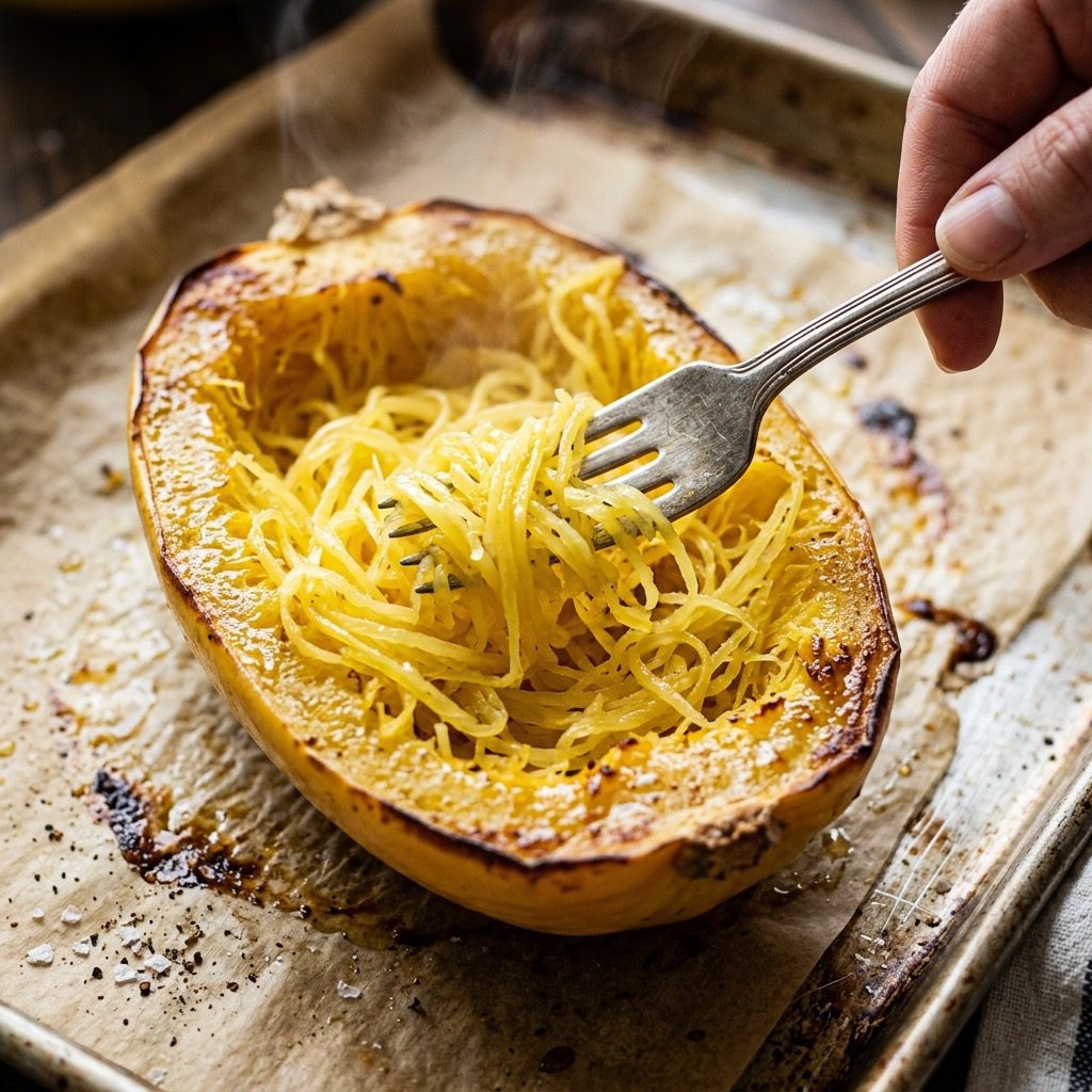 Extreme close-up action shot scraping roasted spaghetti squash with a silver fork to create strands