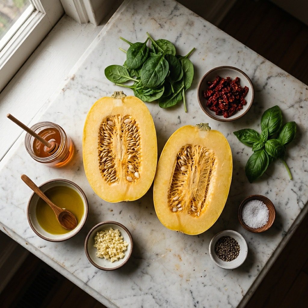 Overhead prep shot of spaghetti squash, honey, olive oil, garlic, spinach, sun-dried tomatoes, and fresh basil