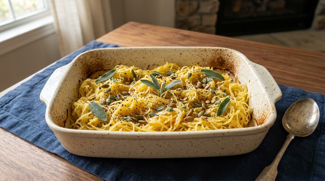 A dark ceramic plate holding a serving of Honey Roasted Spaghetti Squash, with a dinner party in the background.