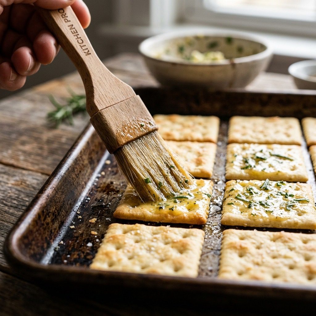 Extreme close-up action shot brushing herb-flecked melted butter onto crisp saltine crackers on a baking sheet