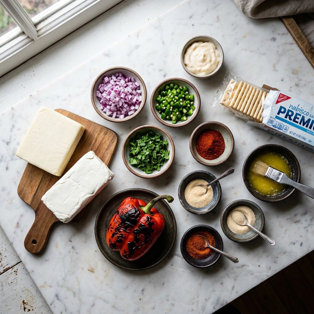 Overhead prep shot of Monterey Jack cheese, cream cheese, diced red onion, jalapeño, mayonnaise, spices, charred red bell pepper, cilantro, and saltine crackers with melted butter on marble