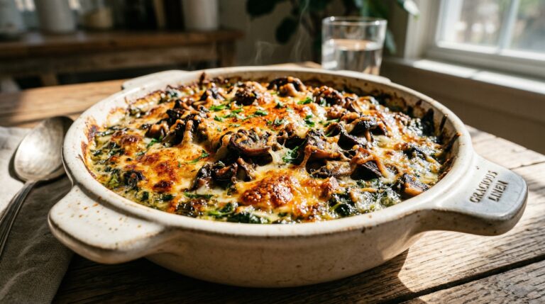 Stunning plated serving of Spinach Au Gratin with Sautéed Mushrooms, a chef-tested recipe by Chef Jorj Morgan.