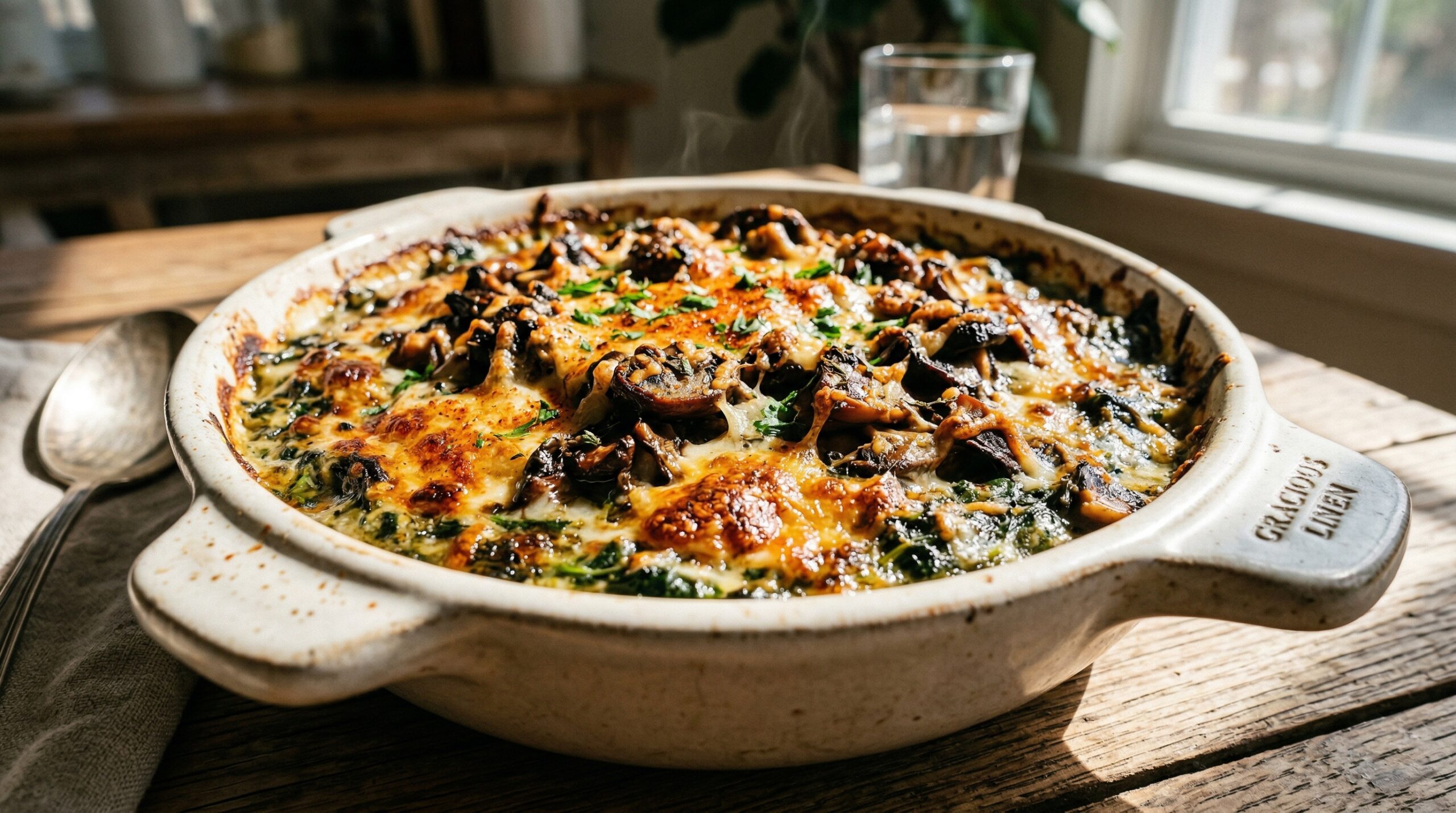 Stunning plated serving of Spinach Au Gratin with Sautéed Mushrooms, a chef-tested recipe by Chef Jorj Morgan.
