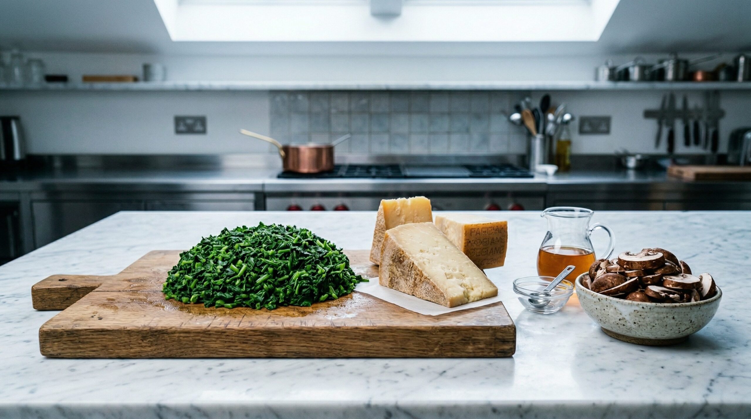 Squeezed-dry spinach, sliced mushrooms, sherry, and grated Gruyere arranged for an au gratin