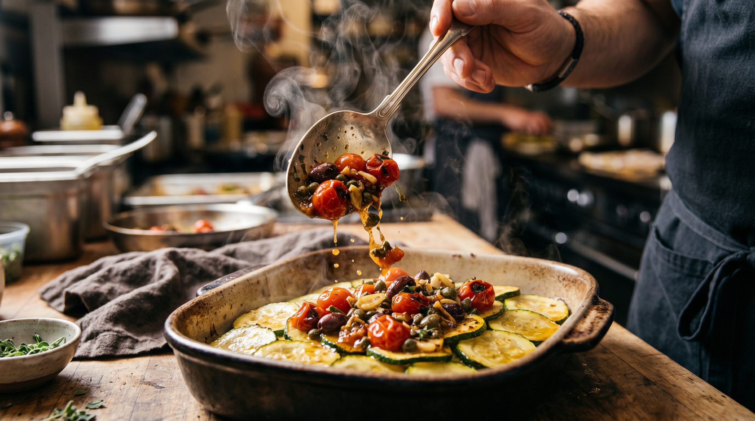 Roasted grape tomatoes with garlic, olives, and capers being spooned over poached zucchini