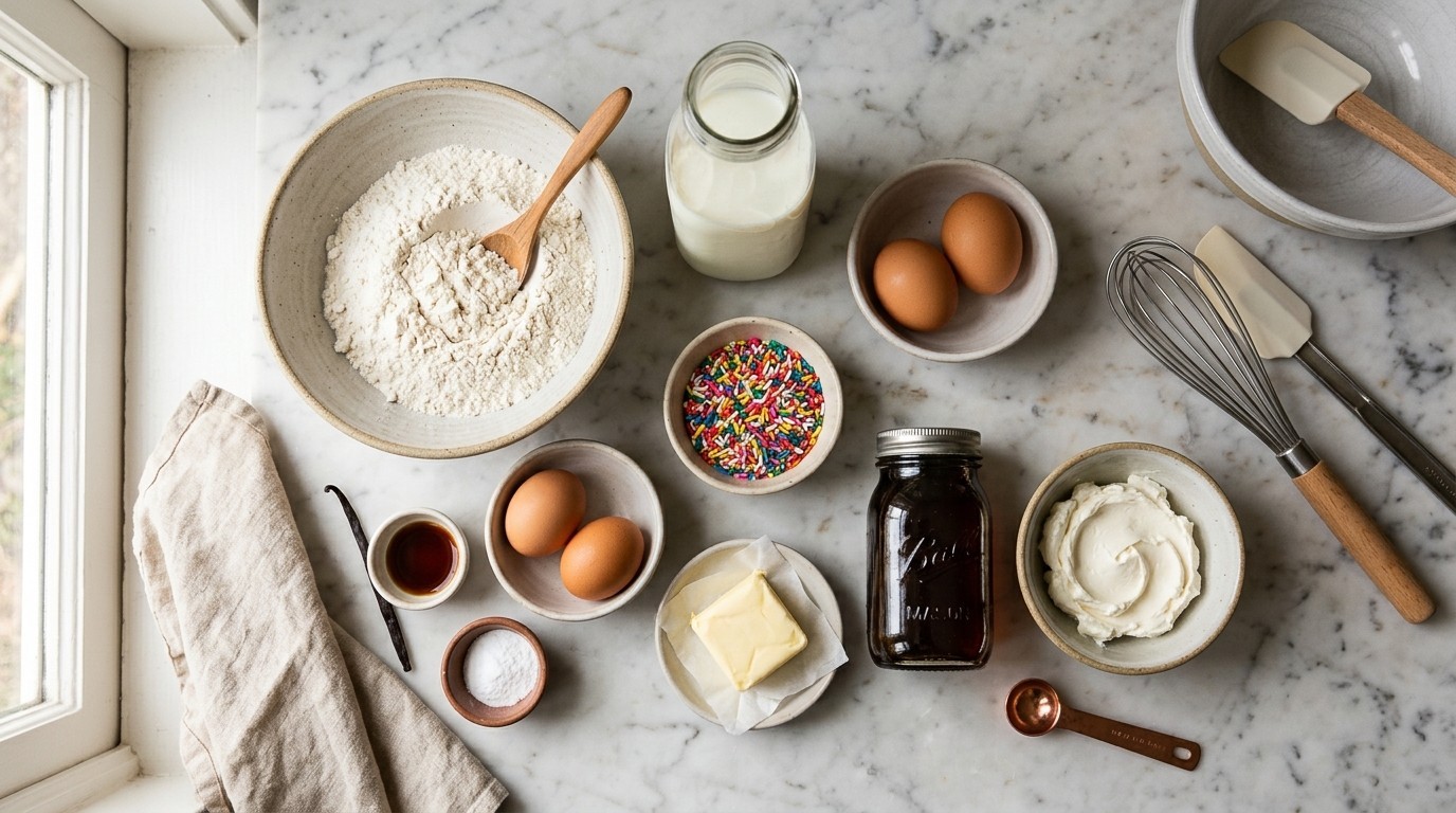 Confetti pancake batter studded with sprinkles beside a maple cream cheese glaze