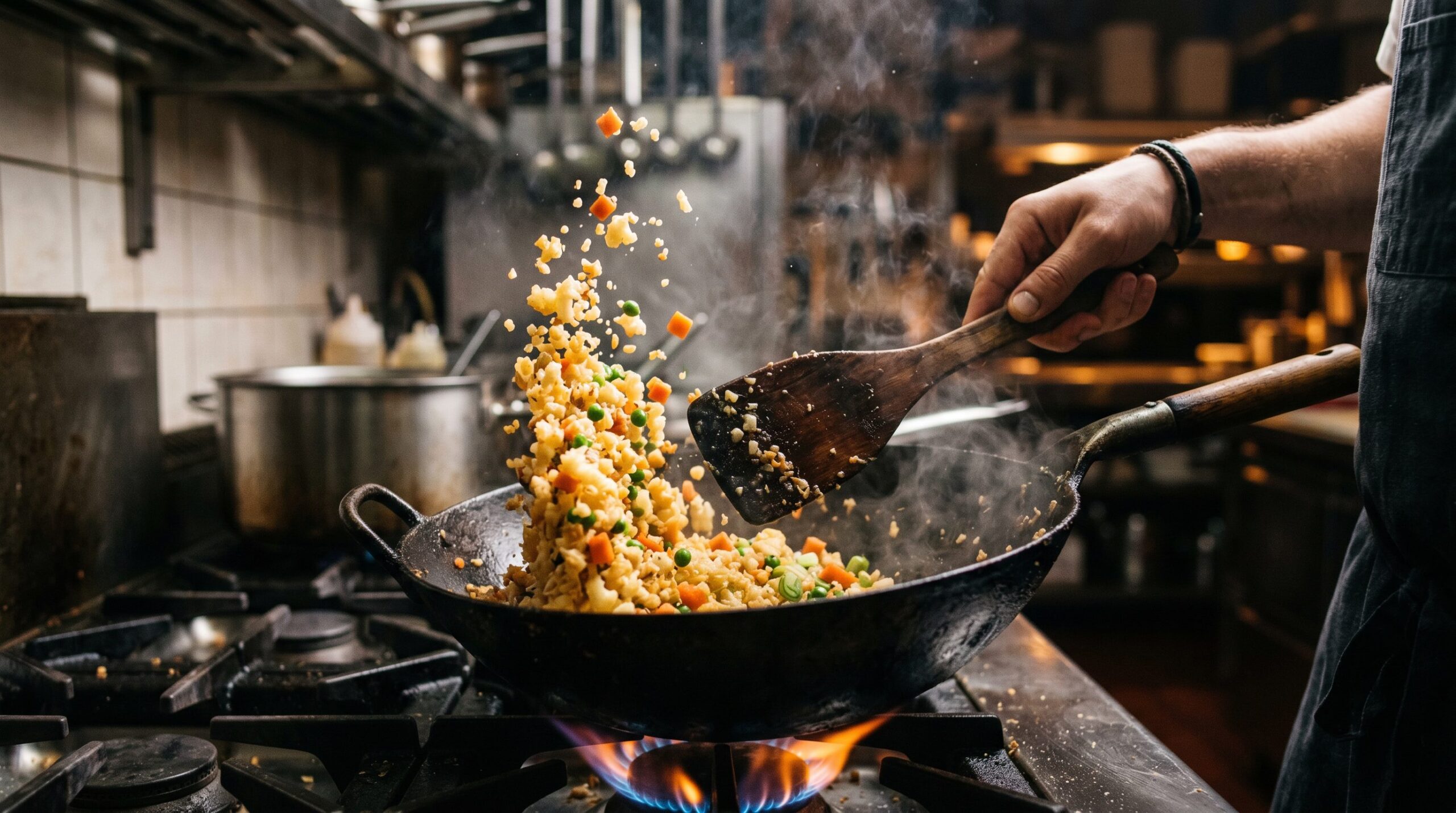 Riced cauliflower and vegetables stir-frying in sesame oil in a hot cast-iron wok