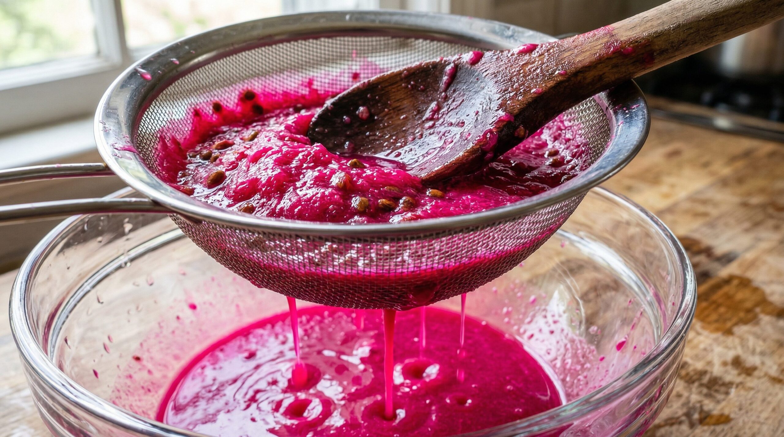 Vibrant fuchsia prickly pear puree being pressed through a fine-mesh sieve with a wooden spoon