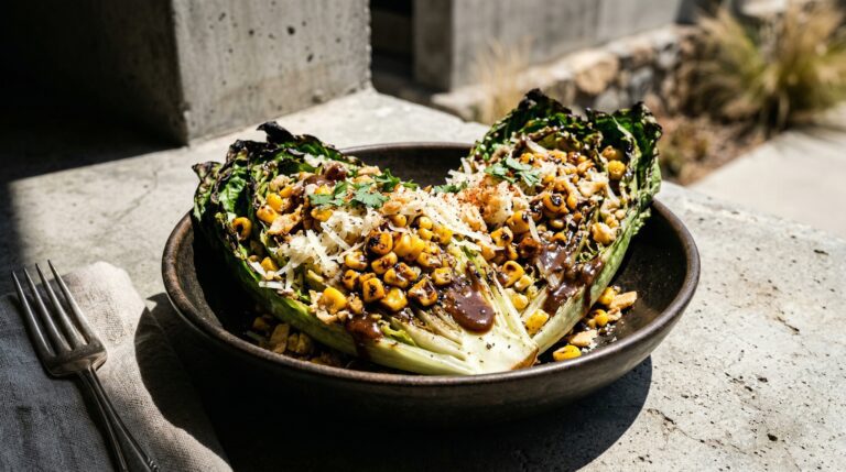 Stunning plated serving of Street Corn Caesar Salad, a chef-tested recipe by Chef Jorj Morgan.